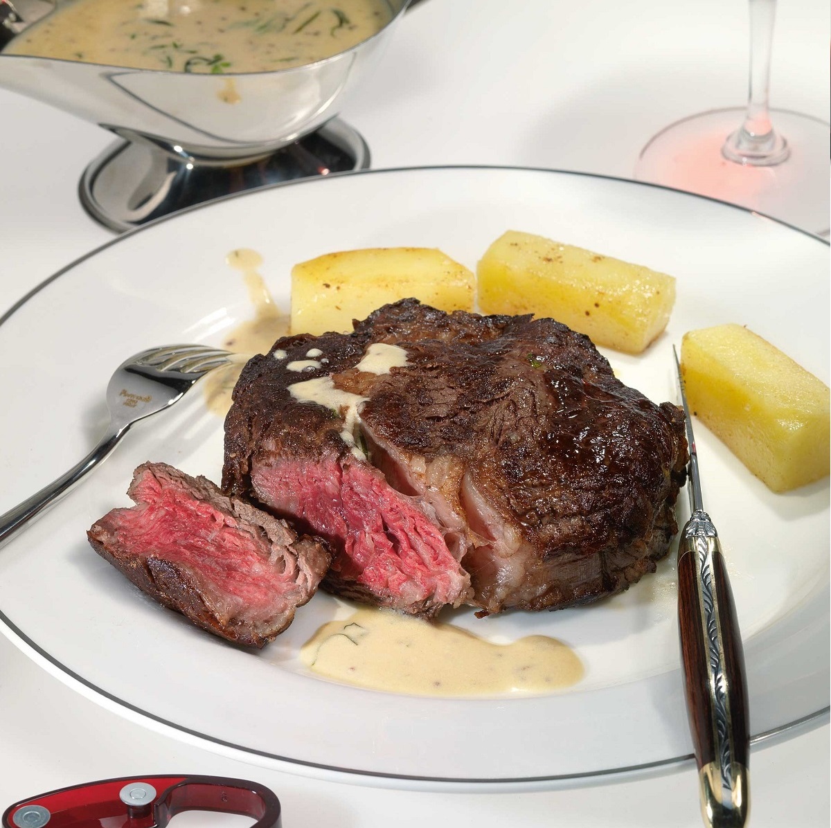 Beef steak with white port wine sauce