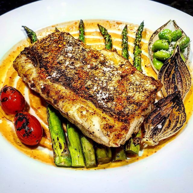 Pan Sear Seabass With Charred Vegetables Turmeric and Chipotle Aioli