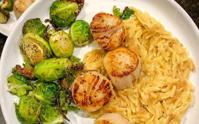 Seared Scallops With Parmesan Orzo And Roasted Brussel Sprouts