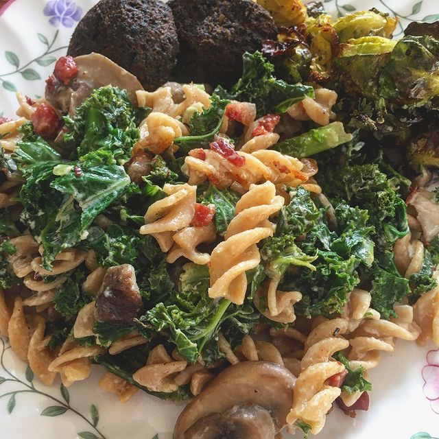 Winter Pasta Salad with Roasted Sprouts and Spinach Falafel