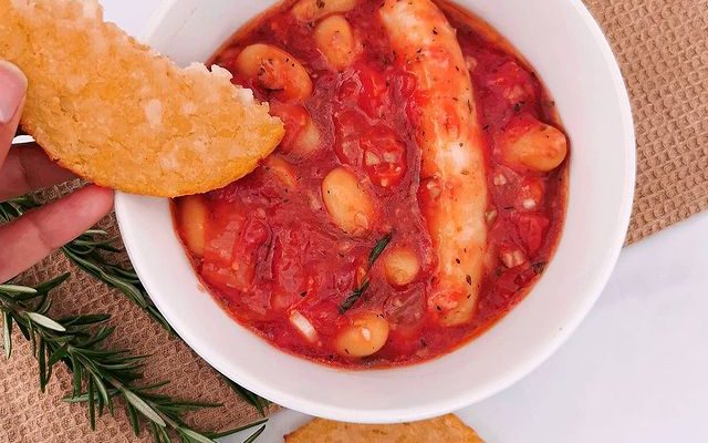 Sausage, Butter Bean and Tomato Bake with Crispy Hashbrowns