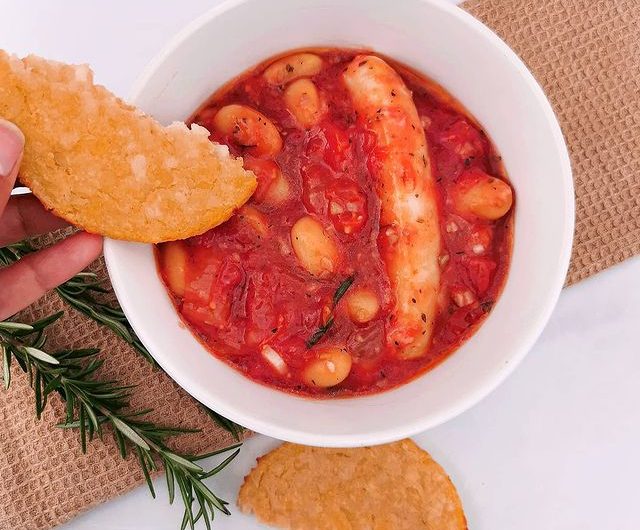 Sausage, Butter Bean and Tomato Bake with Crispy Hashbrowns