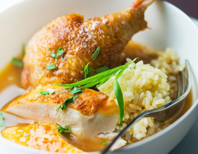 Chicken with tarragon, rice pilaf 